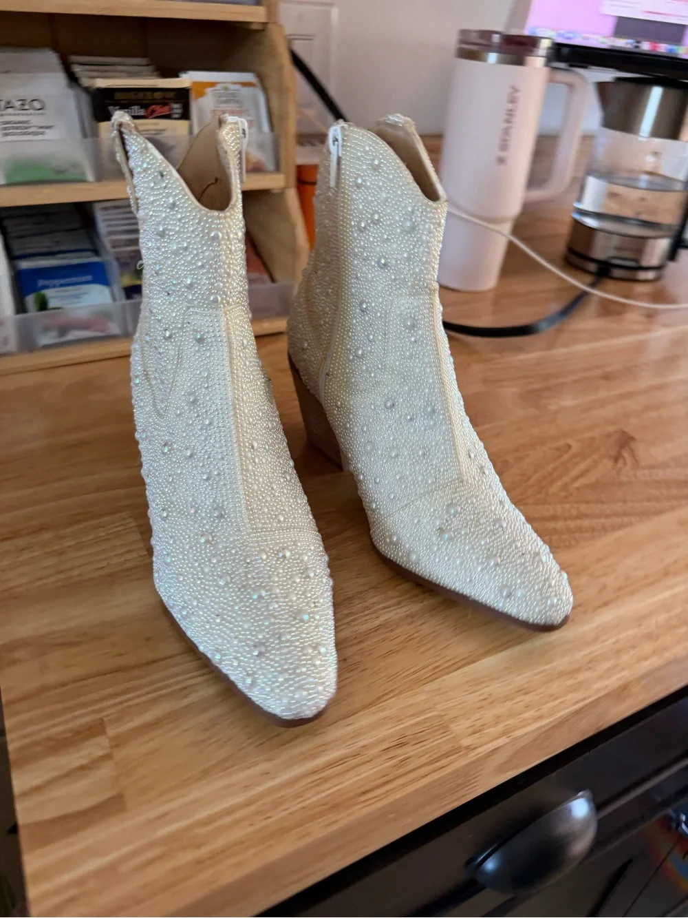 Betsey Johnson Ivory Beaded Pointed-Toe Ankle Booties